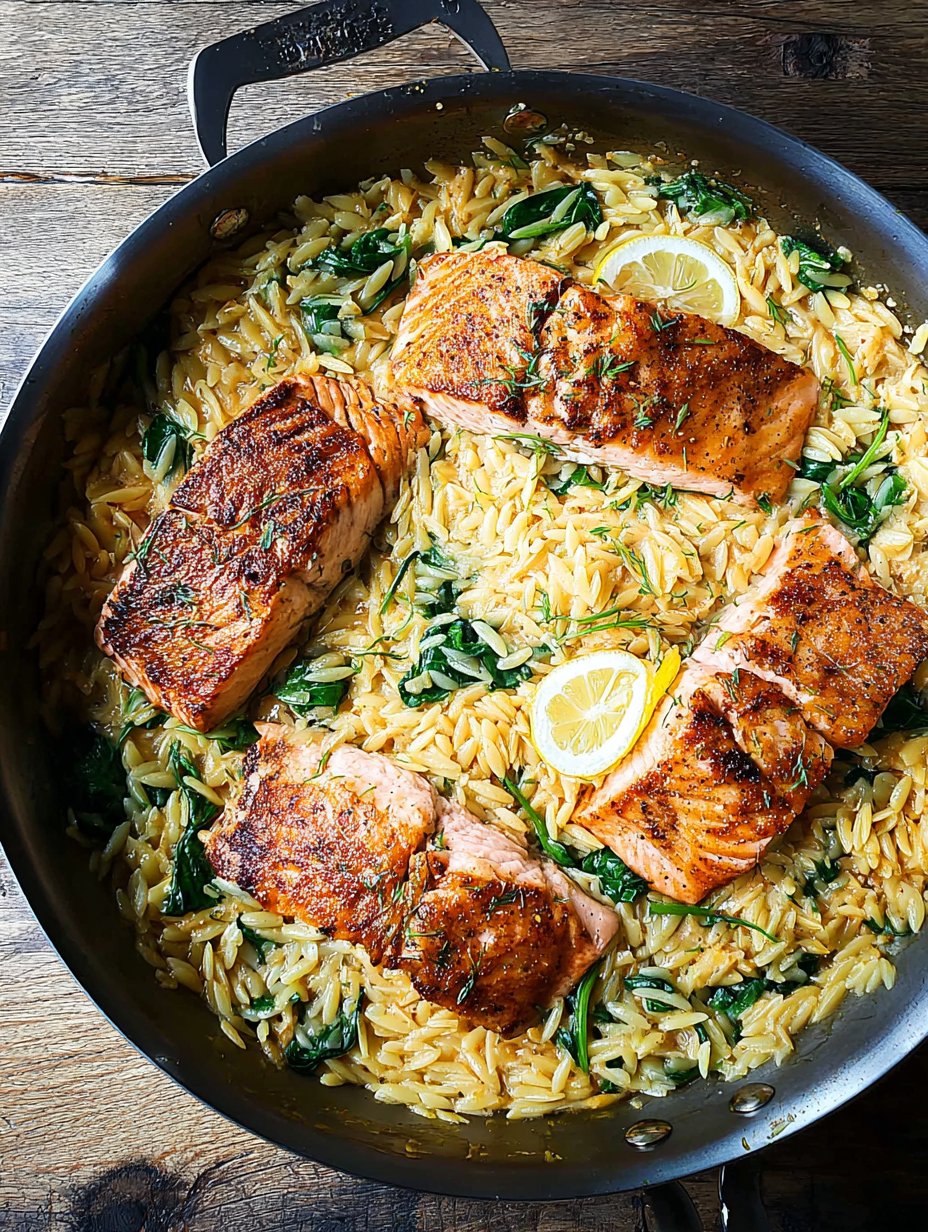 One Skillet Salmon with Lemon Orzo