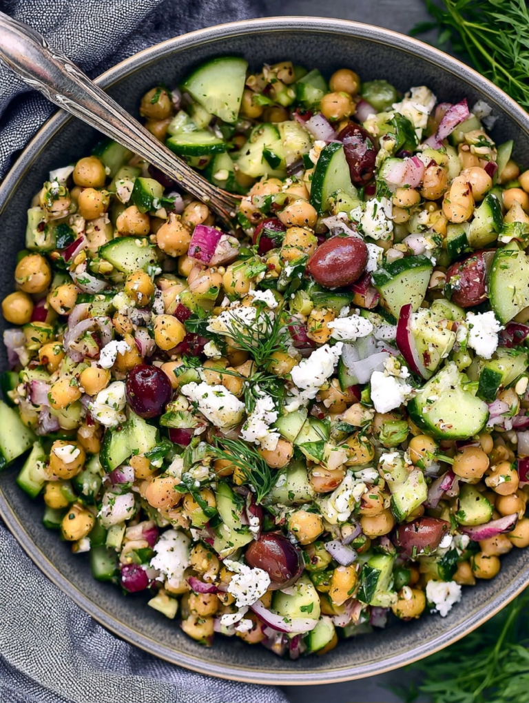 Mediterranean Chickpea Salad with Feta + Cucumbers