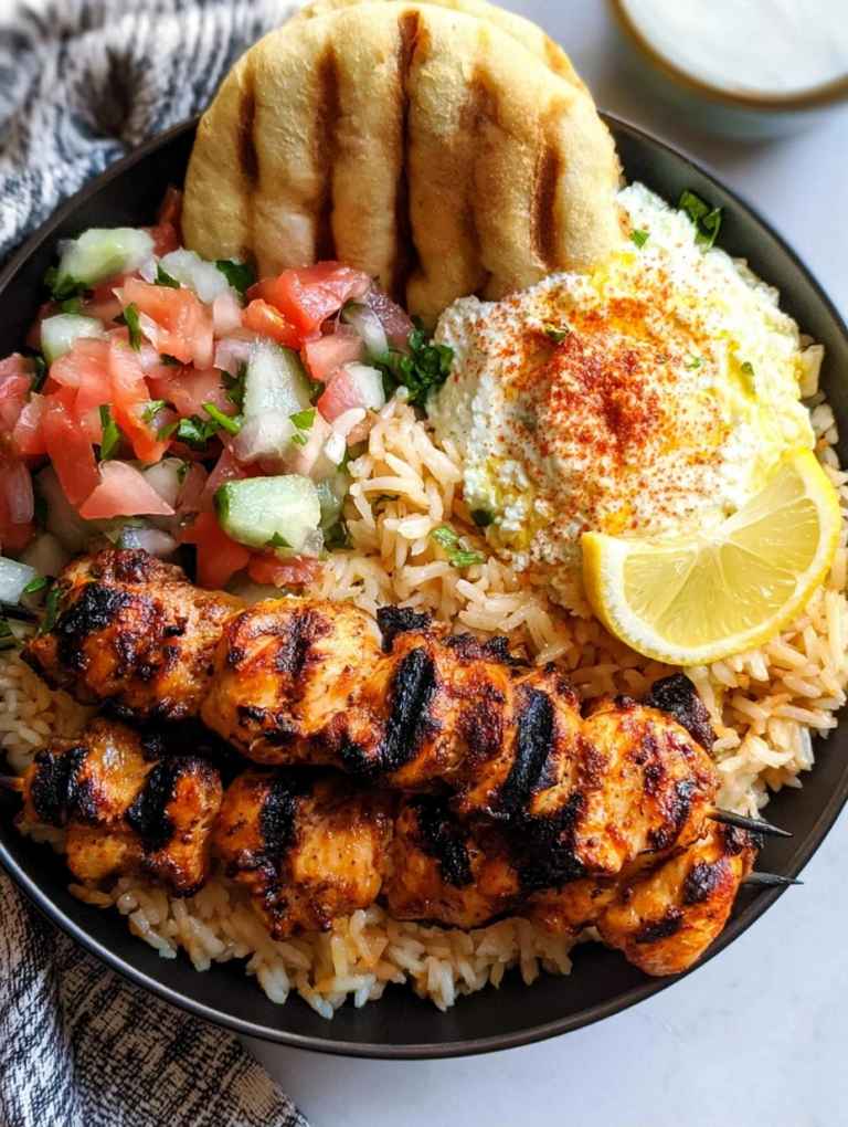 Mediterranean Rice Bowl with Grilled Chicken Tawook Skewers
