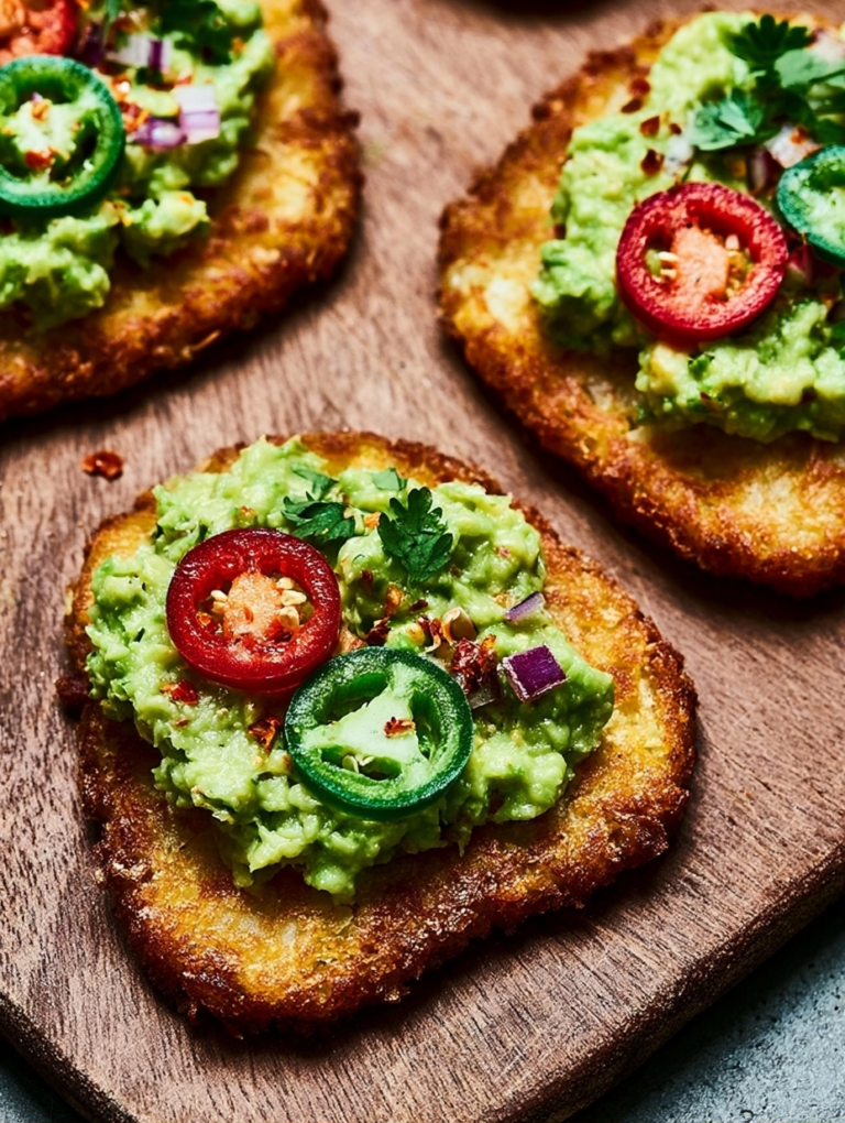 Spicy Smashed Avocado Hash Brown Toasts